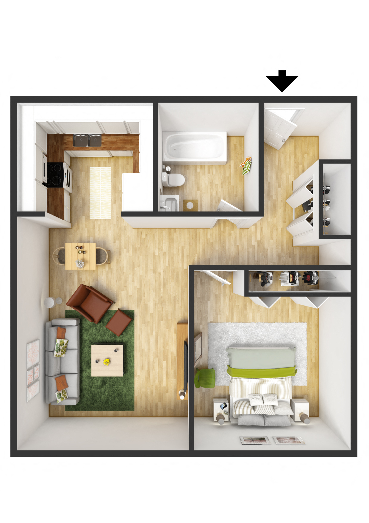 Floor plan for 1 bed, 1 bath, 500 sqft